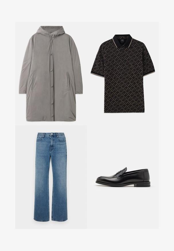 Gaiši pelēks kapuces mētelis, kas izgatavots no gludas, ūdensizturīgas auduma. Iespējas: pogas ar spiedpogu, sānu kabatas un brīva, līdz ceļiem garuma siluets.; Melnā polo krekls ar ģeometrisku zelta rakstu, īsām piedurknēm un klasisku apkakli ar smalkām svītrām.; Platās kājas zilo džinsu bikses izgatavotas no zila auduma ar izbalējušu apdari. Tām ir piecas kabatas, priekšējais pogu aizdare un taisna piegriezuma forma.; Melnas ādas kurpes ar gludu tekstūru, noapaļu purngalu un dekoratīvu siksniņu pāri priekšpusei. Zems sakrauts papēdis, minimālisma dizains.