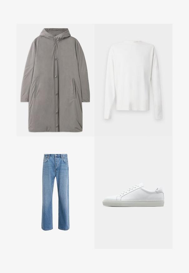Svetlo siva kapuca iz smooth, vodoodporne tkanine. Ima zapenjala, stranske žepke in sproščeno silhueto do kolen.; Bela bombažna srajca z dolgimi rokavi in okroglo ovratnikom, z bočnimi razporki na dnu in gladko teksturo, prikazana s hrbtne strani.; Svetlo modre denim kavbojke s ravno nogavico, petimi žepi, z gumbom za zapiranje, minimalnim zbledelostjo in kontrastnimi šivi.; Bela športna obutev z gladkim usnjenim zgornjim delom in nizkim profilom. Ima zaokrožen nos, šest lukenj za vezalke in teksturiran gumijast podplat.