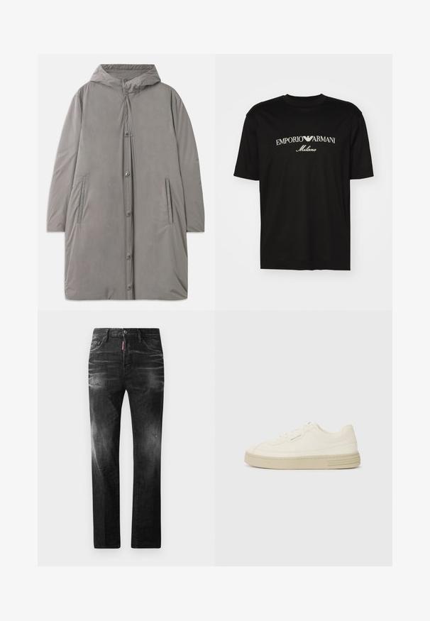 Cappotto grigio chiaro con cappuccio realizzato in tessuto liscio e resistente all'acqua. Caratterizzato da bottoni a pressione, tasche laterali e una silhouette rilassata che arriva fino al ginocchio.; T-shirt in cotone nero con scollatura rotonda, maniche corte e logo "EMPORIO ARMANI" in bianco sopra "Milano" in una disposizione curva.; Jeans in denim nero con vestibilità dritta. Presentano aree sbiadite, leggeri segni di usura, classico design a cinque tasche e chiusura con bottone.; Sneakers bianche in tela con suola in gomma testurizzata, dotate di una punta cucita e di un accento con logo sul tallone. Design semplice con lacci.
