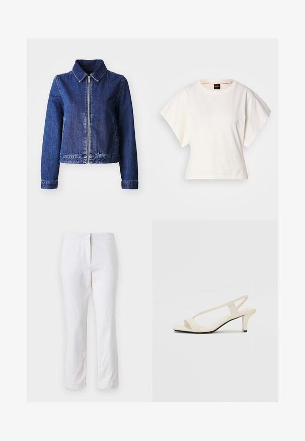 Jean jakna u tamnoplavoj boji, s ovratnikom, prednjim zatvaranjem na patentni zatvarač i dva bočna džepa. Klasičan dizajn s lagano prilagođenim oblikom.; Bijeli skraćeni T-shirt, široke kratke rukave, mekani pamučni materijal, okrugli izrez s suptilnim narančastim detaljem, minimalistički dizajn, bez uzoraka ili grafika.; Bijele pamučne hlače ravnog kroja, sa strukom srednje visine i bez vidljivih metalnih dijelova ili uzoraka. Glatka tekstura kroz cijelu dužinu.; Bež sandale na blok petu s tankim remenčićima i kvadratnim vrhom. Glatki materijal s minimalnim detaljima, dizajnirane za jednostavno nošenje.