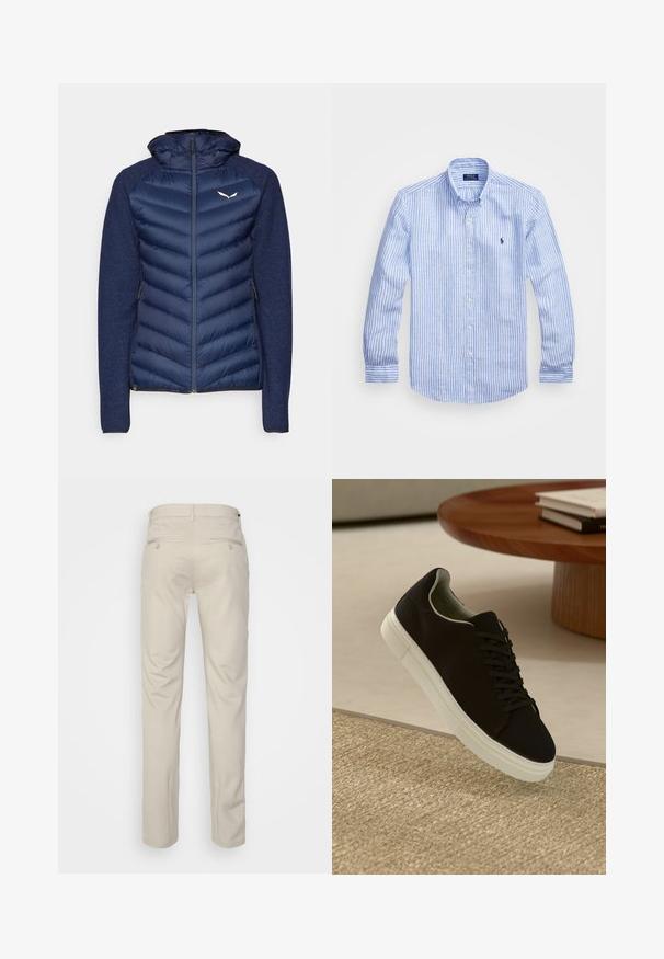 Salewa FANES SARNER - Down jacket - navy blazer; Blue and white striped long-sleeve shirt made of cotton, featuring a button-down collar, front buttons, and a small embroidered logo on the chest.; Beige trousers with a smooth texture, straight cut, two back pockets with buttons, and a standard waistband.; Black sneaker with white sole floating above beige textured rug near round wooden table with stacked books.