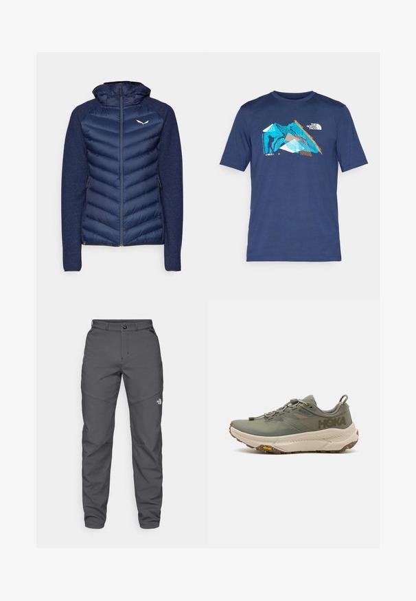 Salewa FANES SARNER - Dunjacka - navy blazer; Mörkblå kortärmad t-shirt gjord av mjukt tyg, med en grafisk design med blå, orange och vita accenter som föreställer berg och en klättrare.; Grå utomhusbyxor tillverkade av ett slitstarkt tyg, med knappstängning, bältesförankringar och en logotyp vid underbenet.; Grön Hoka löparsko med Gore-Tex ovandel, texturerade accenter, elastiska snören och tjock beige yttersula med Vibram-logotyp.