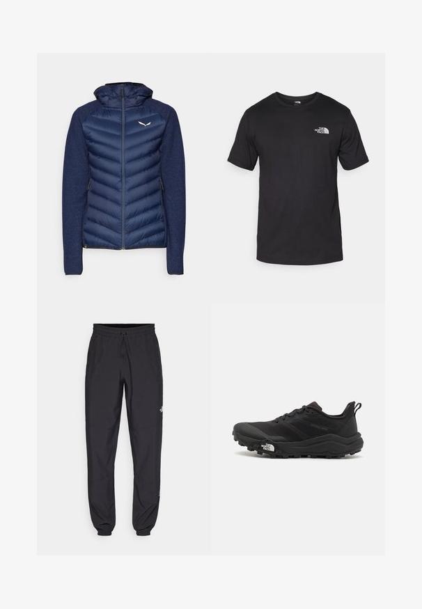 Salewa FANES SARNER - Dunjakker - navy blazer; Sort kortærmet t-shirt lavet af bomuld, med rund halsudskæring og et lille hvidt logo på den øverste venstre brystområde.; Sorte atletiske bukser lavet af letvægtsstof, med en snor i taljen, sidelommer og tapered manchetter ved anklerne.; Sort trail løbesko med en struktureret overdel, gummisål og forstærket tåhætte. Har en polstret krave og en pull-tab til nem påtagning.