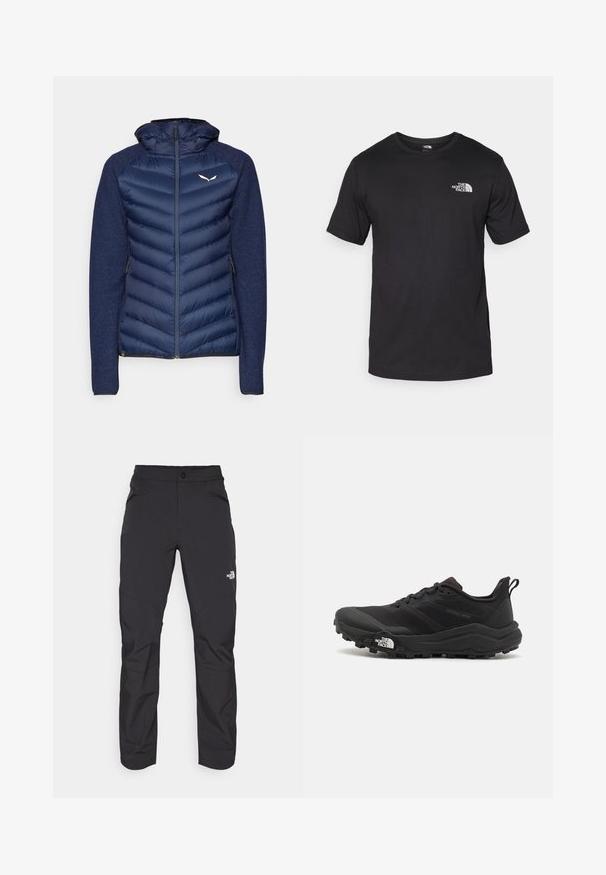 Salewa FANES SARNER - Dūnu jaka - navy blazer; Melna īsām piedurknēm T-krekls, kas izgatavots no kokvilnas, ar apaļu dekoltē un nelielu baltu logotipu augšējā kreisajā krūtīs.; Melnas āra bikses ar rāvējslēdzēju priekšējā kabatā, sintētisks materiāls, sašaurinātas kājas un pastiprinātas ceļa paneļi. Iespējams, ar pogas aizdari.; Melnas taku skriešanas kurpes ar teksturētu virsu, gumijas zoli un pastiprinātu pirkstu daļu. Aprīkotas ar mīkstu apkakli un vilkšanas cilpu, lai viegli uzvilktu.