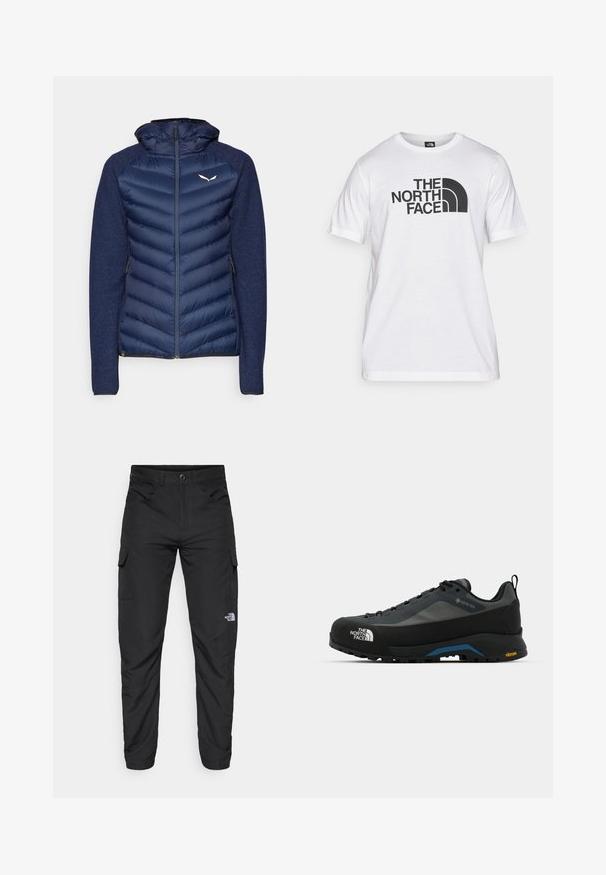 Salewa FANES SARNER - Jakna ispunjena paperjem - navy blazer; Bjela pamučna majica s crnim grafičkim printom koji uključuje tekst i zakrivljeni dizajn logotipa. Okrugli izrez i kratki rukavi. Jednostavna tekstura.; The North Face HORIZON PANT - Hlače za otvoreno - black; The North Face VERTO ALPINE GORE TEX - Obuća za pješačenje - asphalt grey/tnf black