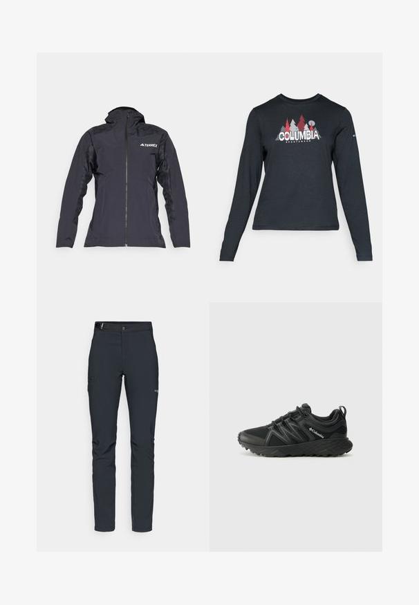 Black waterproof jacket with a zip front, textured shoulders, and breathable side panels. Features logo on the chest and hood.; Long-sleeve dark gray shirt with a graphic of red trees and mountains; "COLUMBIA" logo in bold white text. Soft fabric, standard crew neck.; Men's outdoor pants, dark gray, made from flexible material, featuring a belt, zippered pockets, and reinforced stitching.; Columbia PEAKFREAK - Hiking shoes - black