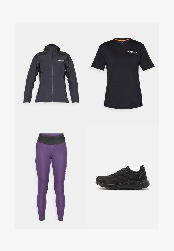 Černá nepromokavá bunda se zipem vpředu, texturovanými rameny a prodyšnými bočními panely. Obsahuje logo na hrudi a kapuci.; Černé tričko s krátkým rukávem a kulatým výstřihem, s jemnou melanžovou strukturou a bílým logem "TERREX" na levé horní straně.; adidas Terrex Punčochy - aurora plum; Černé sportovní boty s texturovaným syntetickým svrškem, šněrováním, silnou gumovou podrážkou a nenápadnými logo akcenty na boku a patě.