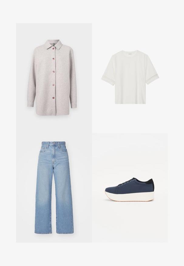 Világosszürke polár pulóverdzseki álló gallérral, rózsaszín gombokkal az elején, és hosszú ujjakkal. Puha tapintású, laza szabású.; Fehér, rövid ujjas póló, pamutból készült, díszes csipkés szegéllyel az ujjak mentén és kerek nyakkivágással.; Világoskék, magas derekú, bő szárú farmernadrág, elülső gombbal és cipzárral, elülső és hátsó zsebekkel, fehér háttérrel.; Sötétkék sportcipő, texturált szövet felsőrész, fehér platform talp, lekerekített orr és fekete sarok akcentussal. Hat fűzőlyuk található rajta.