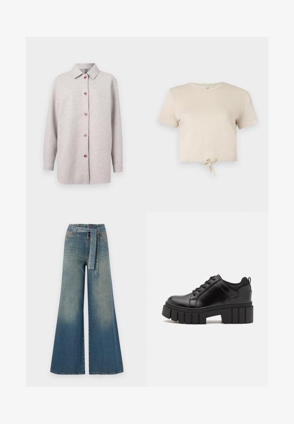 Svijetlosiva fleeced jakna s kragnom, s ružičastim gumbima sprijeda i dugim rukavima. Mekana tekstura, opušteni kroj.; Skraćena bež majica izrađena od sjajnog materijala, s kratkim rukavima i čvorom na rubu. Glatka tekstura i okrugli izrez.; Široke traperice s gradijentom od svijetloplave do tamnoplave, visokog struka, petljama za remen i remenom od istog materijala. Teksturirana traper tkanina.; Crne kožne platforme s debelim blok-peta, okruglim prstima i klasičnim dizajnom vezanja. Imaju gladak tekstur i minimalne detalje.