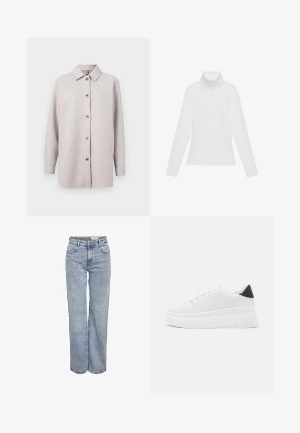 Lys grå fleece skjortejakke med krave, lyserøde knapper ned ad forsiden og lange ærmer. Blød tekstur, afslappet pasform.; Hvid langærmet turtle-neck top lavet af glat, strækbart stof. Har en høj krave og tætsiddende design, uden synlige mønstre eller udsmykninger.; Lyseblå vidde jeans lavet af denim, med høj talje, fem-lomme design og subtil falmning for et slidt look.; Hvide platform sneakers lavet af glat syntetisk materiale, med en afrundet tå, snørebåndsdesign og en struktureret gummisål. Sorte hæl akcent.
