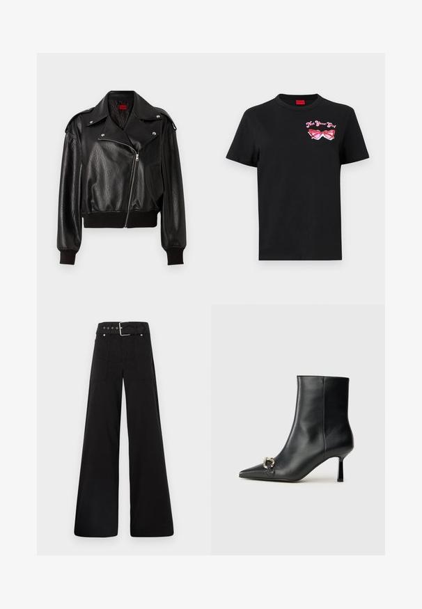 Juodas odinis trumpas švarkas su asimetrišku užtrauktuku, plačiais apykaklėmis ir gumbiniais rankovių bei hemu. Yra tekstūruotas paviršius ir šoninis kišenė.; Juodas medvilnės marškinėliai su trumpomis rankovėmis, kuriuose kairėje krūtinės pusėje pavaizduoti rožiniai akinių grafiką ir tekstas "Ne tavo mergina".; Juodos plačios kojų kelnės, pagamintos iš medvilnės, su aukšta liemene, didelėmis šoninėmis kišenėmis ir diržu, papuoštu sidabriniais akcentais.; Juodas odinis apavas iki kulkšnies su smailiu nosiu, plonu vidutinio aukščio kulnu ir sidabriniu sagties akcentu šone, prieš paprastą foną.