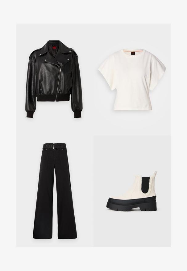 Černá kožená zkrácená bunda s asymetrickým zipem, širokými klopami a žebrovanými manžetami a lemem. Má texturovaný povrch a boční kapsu.; Bílý zkrácený T-shirt, krátké široké rukávy, měkký bavlněný materiál, kulatý výstřih s jemným oranžovým lemováním, minimalistický design, bez vzorů nebo grafik.; Černé široké kalhoty vyrobené z bavlny, s vysokým pasem, velkými bočními kapsami a opaskem s kovovými akcenty v barvě stříbra.; Masivní platformové kotníkové boty s bílým svrškem, černou gumovou podešví a kontrastními černými elastickými bočními panely. Umělá kožešina na horním okraji.