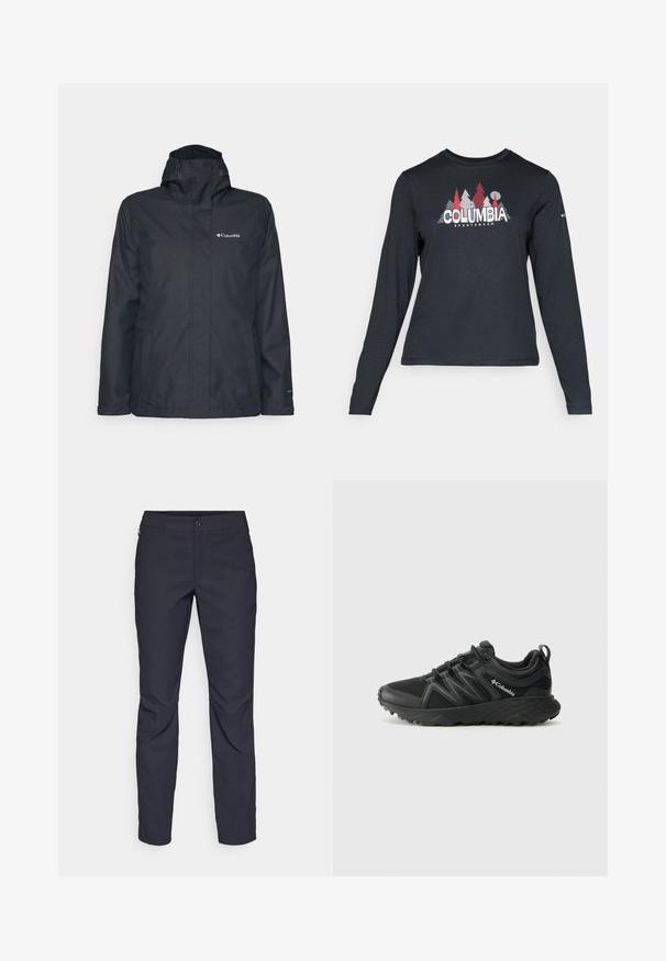 Fekete vízálló dzseki zipzárral elöl, állítható kapucnival és két oldalsó zsebbel. A mellkasán a Columbia logó található. Sima textúrájú.; Hosszú ujjú, sötétszürke ing piros fákkal és hegyekkel díszítve; a "COLUMBIA" logó vastag fehér betűkkel. Puha anyag, klasszikus kerek nyakkivágás.; Sötétkék nadrág sima anyagból, elülső gombos záródással, slim-fit fazonnal és gyűrött részletekkel a térdeken.; Columbia PEAKFREAK - Túracipők - black