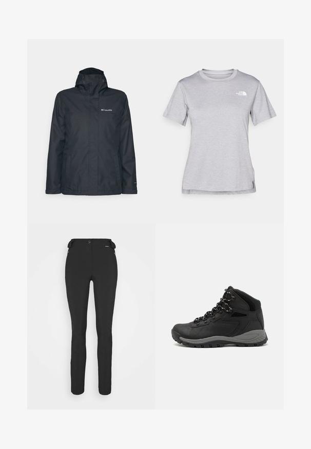 Czarna wodoodporna kurtka z zamkiem z przodu, regulowanym kapturem i dwiema bocznymi kieszeniami. Zawiera logo Columbia na klatce piersiowej. Gładka tekstura.; Szara, krótkozasięgowa koszulka wykonana z miękkiego, odprowadzającego wilgoć materiału. Posiada okrągły dekolt oraz małe białe logo w górnym lewym rogu.; Czarne, dopasowane spodnie wykonane z elastycznego materiału. Cechy to kieszeń boczna na zamek, strefowe kolana oraz gładka faktura.; Czarne buty trekkingowe z średnim cholewem, z teksturowaną cholewą, szarymi akcentami oraz trwałą gumową podeszwą z wypustkami zapewniającymi przyczepność.