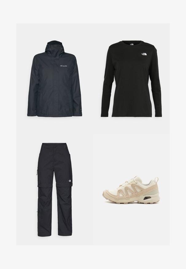 Giacca impermeabile nera con zip frontale, cappuccio regolabile e due tasche laterali. Presenta il logo Columbia sul petto. Texture liscia.; T-shirt nera a maniche lunghe in cotone con colletto rotondo. Presenta un piccolo logo bianco sul lato sinistro del petto. Design semplice e vestibilità comoda.; Pantaloni cargo in nylon nero con zip rimovibile, polsini regolabili, molteplici tasche e un logo sulla gamba destra. Tessuto liscio e leggero.; Scarpa atletica beige e crema con tomaia in mesh testurizzato, sovrapposizioni supportive e suola in gomma con un motivo a tasselli per la trazione.
