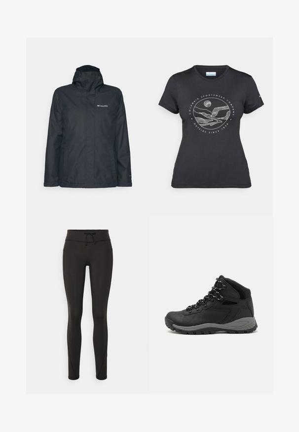 Black waterproof jacket with a zip front, adjustable hood, and two side pockets. Features Columbia logo on the chest. Smooth texture.; Black Columbia t-shirt with white circular mountain and river line art and text "Columbia Sportswear Company Outside Since 1938."; Black leggings with a high waistband, drawstring, smooth texture, and fitted design. Features stitching details along the sides.; Black hiking boot with a mid-top design, featuring a textured upper, gray accents, and durable rubber sole with traction lugs.