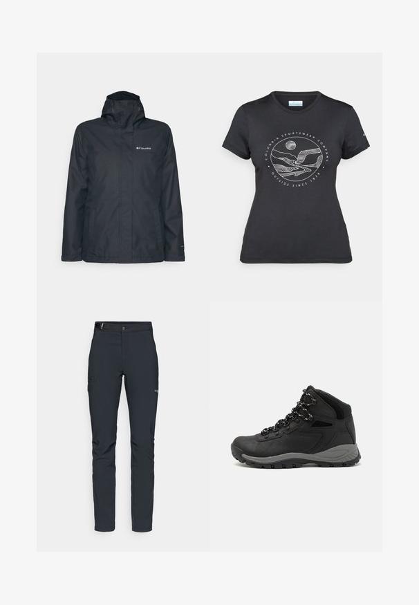 Veste noire imperméable avec fermeture éclair devant, capuche ajustable et deux poches latérales. Présente le logo Columbia sur la poitrine. Texture lisse.; T-shirt noir Columbia avec un dessin linéaire blanc de montagne et de rivière en cercle et le texte "Columbia Sportswear Company À l'extérieur depuis 1938."; Pantalons de plein air pour hommes, gris foncé, fabriqués en matériau flexible, dotés d'une ceinture, de poches zippées et de coutures renforcées.; Botte de randonnée noire au design mi-haut, avec un dessus texturé, des accents gris et une semelle en caoutchouc durable avec des crampons de traction.