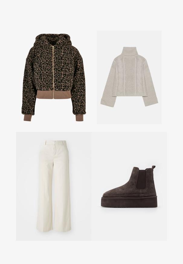 Felpa cropped in peluche con un design a stampa leopardata nera e marrone, caratterizzata da una chiusura frontale con zip e orli a costine.; Maglione a collo alto in maglia grigia chiara, con polsini a costine e con motivi a treccia texture lungo la schiena e i lati.; Pantaloni a gamba larga di un colore beige chiaro, realizzati in un tessuto liscio. Presentano una vita classica e una parte anteriore piatta con linee pulite.; Stivali Chelsea in suede marrone con pannelli laterali elastici e una suola piatta spessa e testurizzata. Presentano un'etichetta sul tallone per facilitare l'indossamento.