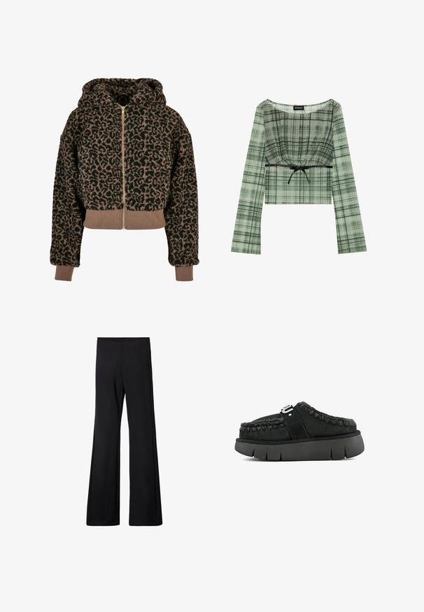 Fuzzy beskuren huvtröja med ett svart och brunt leopardtryck, utrustad med dragkedja fram och ribbad fåll och mudd.; Grön rutigt kortärmad topp med lång ärm, med en draperad halsringning och svart knytband vid midjan. Tillverkad av lättviktig tyg.; Svarta utsvängda byxor med elastisk midja, tillverkade i ett mjukt, stretchigt tyg, med en slät yta och utan synliga mönster eller hårdvara.; Svart mocka slip-on sko med pälsdetalj, flätad sömnad och en kraftig svart sula. Har en märkesrem över ovandelen.