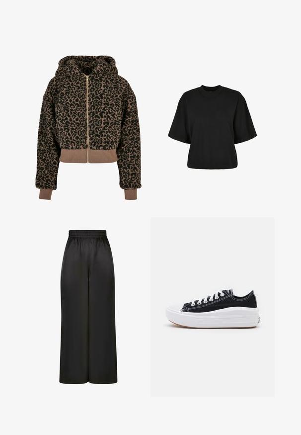 Futrzany, przycięty hoodie z czarno-brązowym wzorem w panterkę, z zamkiem błyskawicznym z przodu oraz ściągaczami przy dolnej krawędzi i mankietach.; Czarny krótki t-shirt wykonany z bawełny. Posiada krótkie rękawy i okrągły dekolt. Gładka tekstura z prostym wzornictwem, bez dodatkowych wzorów.; Czarne spodnie z szerokimi nogawkami, wykonane z gładkiego, błyszczącego materiału, z elastycznym pasem i bez widocznych kieszeni ani elementów metalowych.; Czarne płócienne tenisówki z białymi sznurowadłami, białą gumową czapeczką na palcach i masywną białą podeszwą. Mają subtelne białe przeszycia i gumową podeszwę.