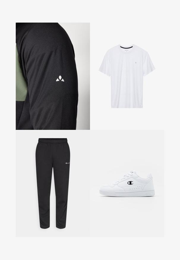 Svart långärmad tröja med grön detalj på axeln, med en texturerad tyg och en liten vit logotyp på ärmen.; Vitt crewneck t-shirt i bomull, med korta ärmar och en liten logotyp broderad på vänstra bröstområdet. Mjuk textur.; Svarta sweatpants i bomullsblandning, med elastisk midjeband och en liten vit logotyp på vänster sida. Taperad bendesign.; Vita atletiska sneakers med en slät syntetisk ovandel, svart logotypdetalj och perforerade detaljer på sidan. Gummisula.