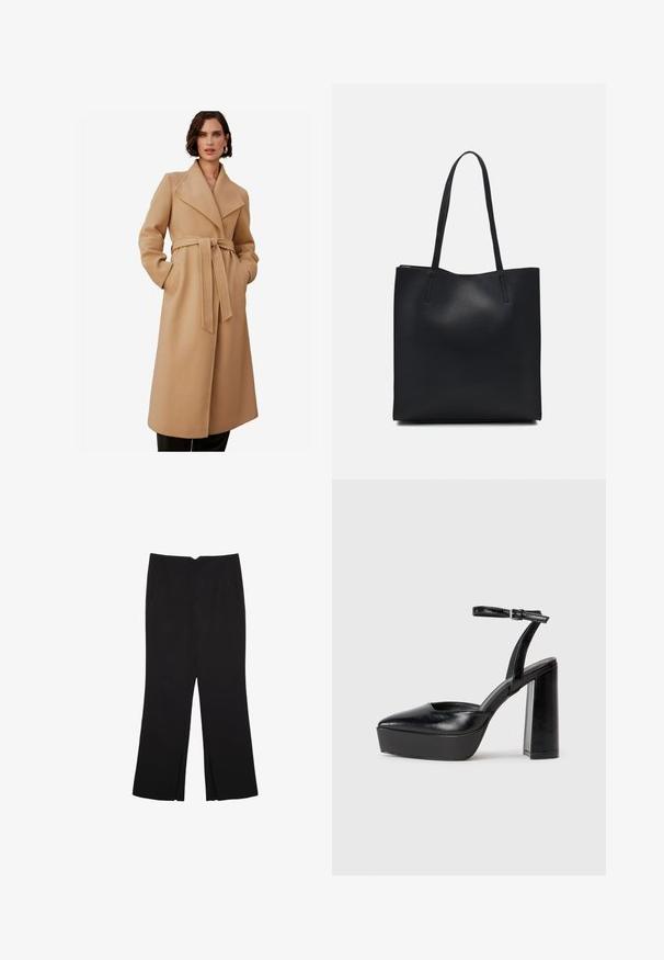 Bež plašč iz volne z zadrgo, širokimi reverji, pasom in stranskimi žepi. Dolgi rokavi in ravna kroj, primeren za priložnostne ali formalne priložnosti.; Črna kratkotrajna majica brez rokavov iz bombaža. Ima okroglo ovratnico in sproščen kroj z gladko, enostavno teksturo. Brez vidnih vzorcev ali dodatkov.; Črne hlače ravnega kroja z naglavnimi žepi in stranskimi razporki na robu. Narejene iz mehke, gladke tkanine. Primerne za različne priložnosti.; Črne platforme z visokimi petami in koničastim nosom ter nastavljivim gležnjenjskim trakom. Narejene iz gladke usnje, s kockasto peto.; Črna usnjena torba s svilnato teksturo, pravokotne oblike in dvema dolgima ročajema. Brez vidnih metalnih delov ali okrasnih elementov.