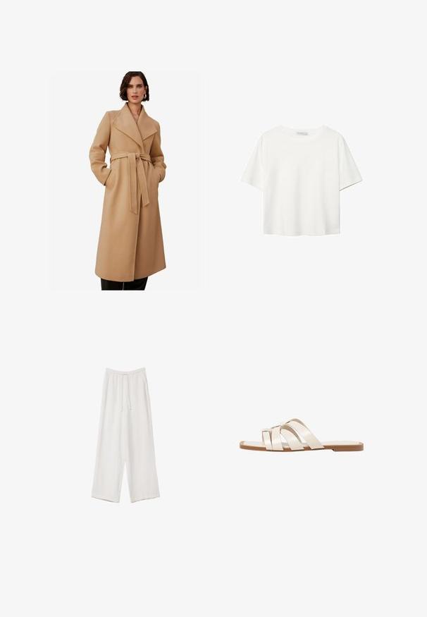 Beige kabát z vlnenej zmesi so širokým klopom, opaskom v páse a bočnými vreckami. Dlhé rukávy a rovný strih, vhodný na bežné aj formálne nosenie.; Biela krátkopsová tričko vyrobené z bavlny. Má okrúhly výstrih a voľný strih. Hladká textúra bez viditeľných vzorov alebo akcentov.; Biele široké nohavice vyrobené z ľahkej tkaniny. Obsahujú elastický pás so sťahovacou šnúrkou a bočné vrecká. Hladká textúra.; Ploché sandále s hnedou gumovou podrážkou, navrhnuté s tromi prekrývajúcimi sa bielymi koženými popruhmi a malou mašličkou uprostred.