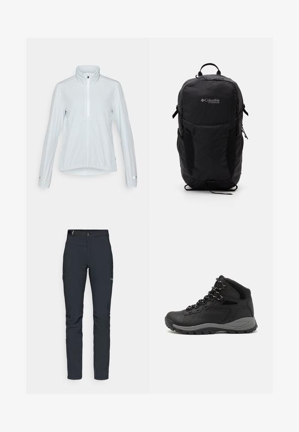 Šviesiai mėlyna striukė su aukšta apykakle, priekiu užtraukiama užtrauktuku ir elastingomis rankogalių dalimis. Pagaminta iš lengvos, glotnios medžiagos su susiraukšlėjusiu apdailos kraštu.; Juodas "Columbia" marškinėliai su balta apskrita kalnų ir upės linijų grafika bei tekstu "Columbia Sportswear Company Lauke nuo 1938 metų."; Vyrų lauko kelnės, tamsiai pilkos, pagamintos iš elastingos medžiagos, su diržu, užtrauktukais užtraukiamomis kišenėmis ir sustiprinta siūle.; Juodas žygio botas su vidutinio aukščio dizainu, pasižymintis tekstūruota viršutine dalimi, pilkų akcentų ir patvaria guma padanga su sukibimo gumbais.; Juodas Columbia Titanium kuprinė su lygaus audinio tekstūra, šoninėmis kišenėmis, viršutine rankena ir reguliuojamomis petnešomis. Minimalistinis dizainas su subtiliu logotipu.