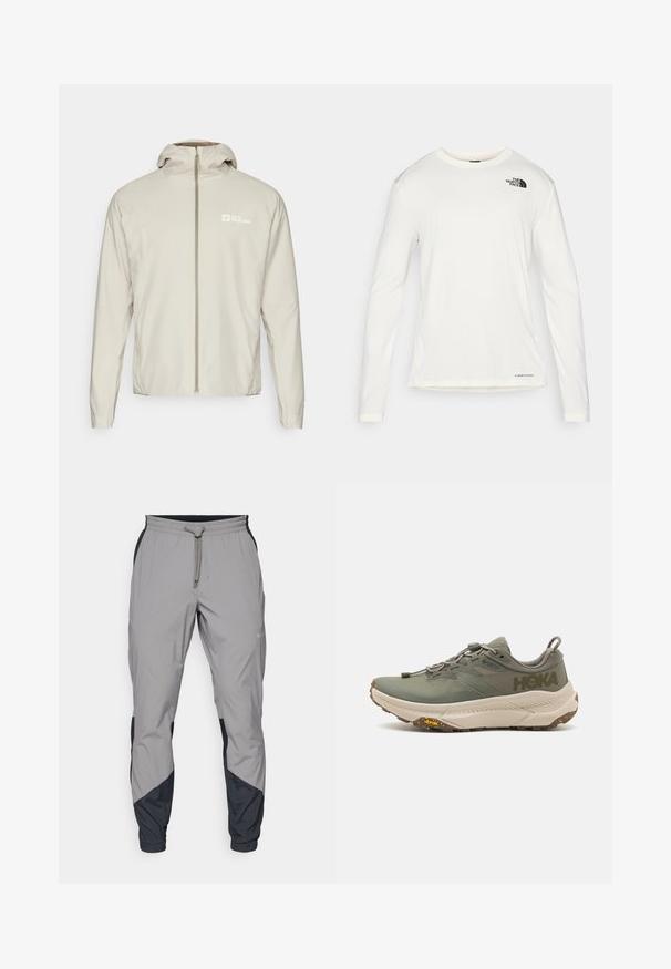 Šviesiai smėlinis, lengvas švarkas su pilnu priekiu užtraukiamu užtrauktuku, nuimama kapišonu ir logotipu kairėje pusėje. Lygi tekstūra ir įprastas kirpimas.; Balta ilga rankove marškiniai su apvalia iškirpte, tekstūruota medžiaga, juodas logotipas kairėje petyje ir subtilus prekės ženklas apačioje.; Lengvas, pilkos sportinės kelnės su juodais akcentais. Elastingas juosmuo, raišteliu užsegimas, siaurėjantis kojų dizainas ir šoninės kišenės.; Žalios Hoka bėgimo sportbačiai su Gore-Tex viršutine dalimi, tekstūriniais akcentais, elastingomis raištelėmis ir storu smėlio spalvos padu su Vibram logotipu.