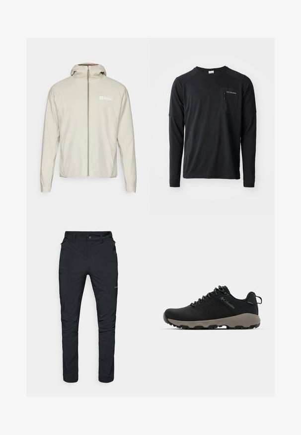 Ljusbeige, lättviktig jacka med full dragkedja fram, avtagbar huva och logotyp på vänster sida. Slät yta och vanlig passform.; Columbia COLUMBIA TECH™ LONG SLEEVE CREW - Långärmad tröja - black; Svarta utomhusbyxor med rak passform, med fickor med dragkedja, bältesholkar och en lätt, hållbar tygkvalitet.; Svart vandringsskor med en slät överdel, perforerat mönster, grå sula och förstärkt häl. Har snörning och en dragflik för enkel påtagning.