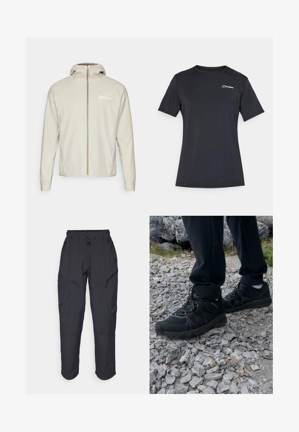 Light beige, lightweight jacket with a full front zipper, detachable hood, and logo on the left side. Smooth texture and regular fit.; Berghaus DELTA TEE - Sports T-shirt - black; Black cargo pants made from a lightweight, water-resistant material; features elastic waistband, multiple zippered pockets, and tapered legs.; Black outdoor shoes with mesh and synthetic material, featuring a textured upper, secured lacing system, and a rugged outsole, on rocky terrain.