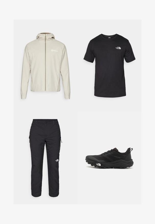 Svetlo bež, lahka jakna z polnim zadrgo, snemljivo kapuco in logotipom na levi strani. Gladka tekstura in običajen rez.; Črna kratko sleeved majica iz bombaža, s krožnim izrezom in majhnim belim logotipom na zgornjem levem delu prsnega koša.; The North Face WINTER EXPLORATION TAPERED CARGO - Hlače za na prostem - black; Črne tekaške čevlje za trail s teksturirano zgornjega dela, gumijastim podplatom in ojačanim zaključkom prstov. Vključuje oblazinjen ovratnik in zanko za enostavno obuvanje.