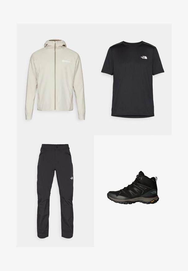 Svijetlo bež, lagana jakna s punim prednjim patentnim zatvaračem, odvojivom kapuljačom i logom s lijeve strane. Glatka tekstura i regularan kroj.; Crna majica kratkih rukava izrađena od lagane tkanine. Ima mali bijeli logo na lijevoj strani grudi i suptilne naglaske na ramenima.; Crne hlače za vanjsko nošenje s patentnim zatvaračem na prednjem džepu, sintetički materijal, sužavajuće nogavice i ojačane koljenice. Sadrži zatvaranje na gumb.; Crne planinarske čizme s mrežastim i sintetičkim preklopima, teksturiranom srednjom potplatom, Vibram potplatom i sivim naglascima. Visoki dizajn za potporu gležnju.
