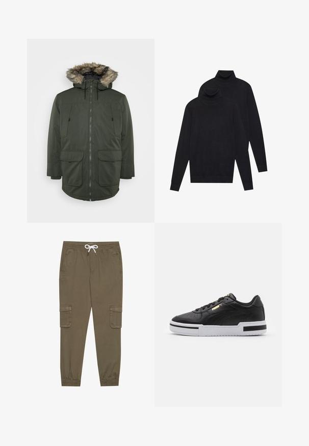 Mørkegrøn parka-jakke med hætte i pels, frontlynlås og to store klaplommer, lavet af et vejrfaste materiale.; To sorte langærmede turtleneck-trøjer, ensfarvede strikkede, stablet med den ene lidt bag den anden på en hvid baggrund.; Khaki cargo bukser med elastisk linning og snor, med sidelommer og manchetter ved anklerne. Fremstillet af et tekstureret, let materiale.; Sort lædersneaker med hvid mellemsål, perforeret tå, guld logo detalje, polstret krave og kontrasterende sorte accenter på siden.