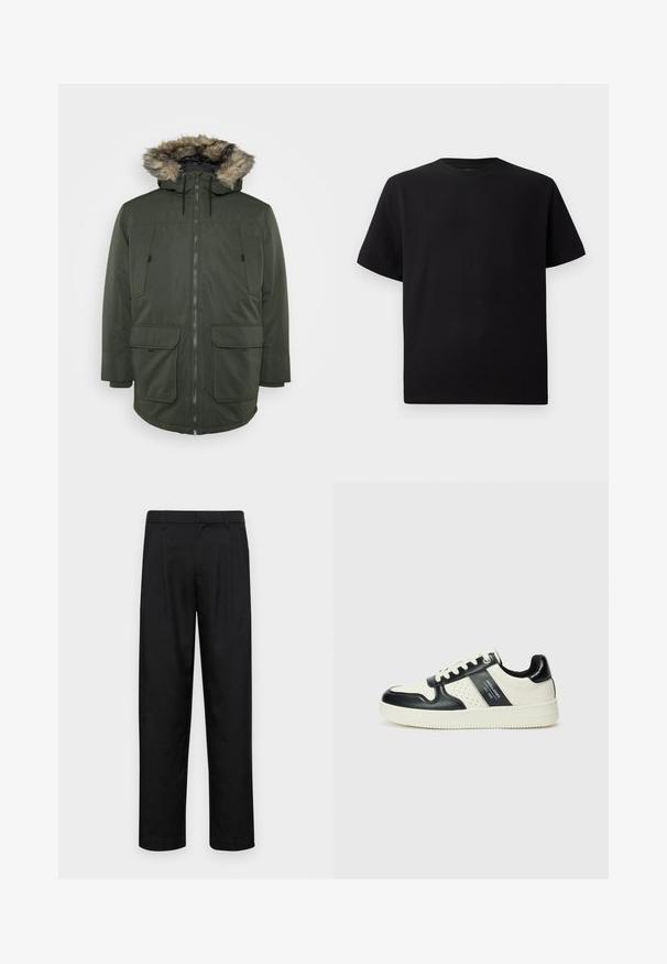 Dark green parka jacket with a fur-lined hood, front zipper, and two large flap pockets, made from a weather-resistant material.; Black short-sleeve T-shirt made of textured fabric, featuring a round neckline and a relaxed fit. Simple, no patterns or accents.; Black trousers made of smooth fabric, featuring a straight-leg design, two front pleats, and standard waistband with belt loops.; Leather sneakers with a black and cream color scheme, featuring perforated accents, a padded collar, and a textured outsole.