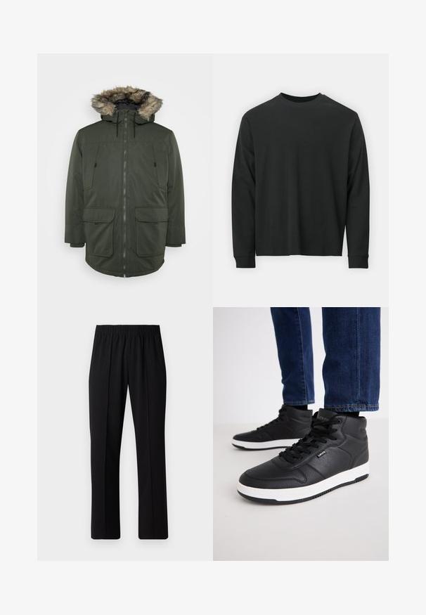 Dark green parka jacket with a fur-lined hood, front zipper, and two large flap pockets, made from a weather-resistant material.; Long-sleeve black T-shirt made of cotton, featuring a round neckline, loose fit, and ribbed cuffs. Smooth texture with no visible patterns.; Black, elastic-waist trousers with a straight-leg design, featuring a smooth texture and no visible patterns or hardware.; Black high-top sneakers made of textured leather, featuring black laces, a white rubber sole, and a small logo on the side.