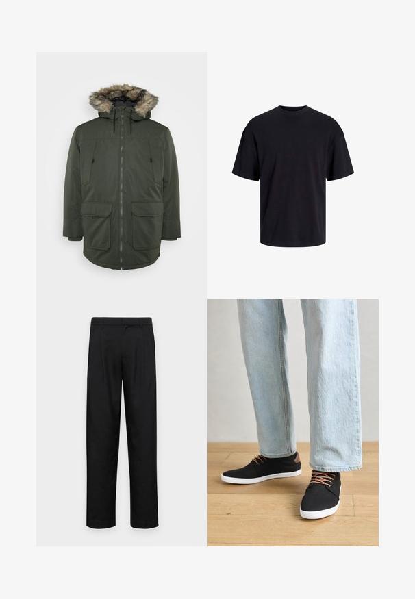 Mörkgrön parkajacka med en pälsfoderhuva, frontdragkedja och två stora klafffickor, tillverkad av ett väderbeständigt material.; Svart bomullströja med rundad halsringning, korta ärmar och avslappnad passform. Slät textur utan synliga mönster eller detaljer.; Svarta byxor i slät väv, med rak ben-design, två framfickor och standardmidja med bälteshällor.; Svarta kanvas sneakers med bruna detaljer, vita gummisulor och bruna snören, i kombination med ljusblå raka jeans. Bakgrund av trägolv.