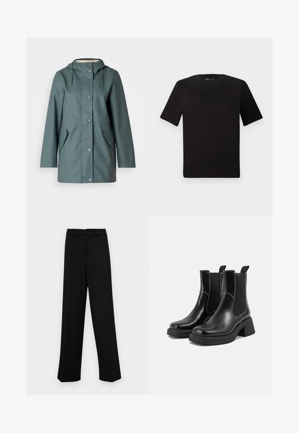 Jachetă impermeabilă verde cu glugă, nasturi prin acționare și buzunare laterale. Textură netedă și croială relaxată, concepută pentru funcționalitate și confort.; Tricou scurt negru cu mânecă scurtă și guler rotund, realizat dintr-un material de bumbac moale. Design simplu, fără logo-uri sau modele vizibile.; Pantaloni negri cu croi larg, dintr-un material neted, având un talie clasică cu închidere prin buton și plisuri frontale.; Botine Chelsea din piele neagră, cu toc masiv, panouri laterale elastice și cusături albe contrastante. Finisaj texturat.