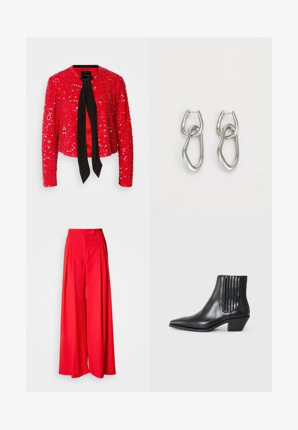 Punane sädelusjakk, millel on must kangast lips kaela ümber. Omab pikki varrukasid, ümmargust kraed ja läikivat, tekstuurset pinda.; Valge ilma varrukateta T-särk, mis on valmistatud siledast kangast, ümmarguse kaelusega ja keha lähedase lõikega. Ei ole nähtavaid mustreid ega erksaid detaile.; Laiad punased püksid siledast kangast, millel on esiplekid, lame vöökoht ja kohandatud mugavus. Kujundus rõhutab voolavat siluetti.; Must kõva nahast ankle boot terava varbaga, elastsete külgpanelide ja vertikaalsete soontega ning madala ploki kontsaga. Sile tekstuur ja stiilne disain.; Calvin Klein STATEMENT LINKS - Kõrvarõngad - silver-coloured