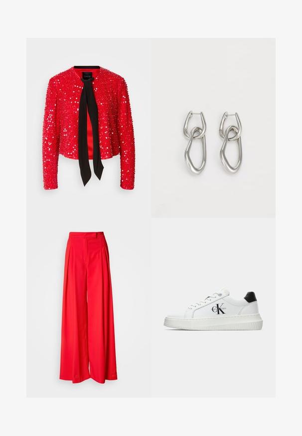 Veste à paillettes rouges avec un nœud en tissu noir au niveau du col. Elle possède des manches longues, un col rond et une surface brillante et texturée.; Débardeur sans manches blanc en tissu lisse, doté d'un col rond et d'une silhouette ajustée. Pas de motifs ou d'accents visibles.; Pantalons larges rouges en tissu lisse, dotés de plis avant, d'une taille plate et d'une coupe ajustée. Le design met en avant une silhouette fluide.; Baskets basses blanches avec un tab de talon noir, semelle plateforme, lacets et logo "CK" de Calvin Klein sur le côté.; Calvin Klein STATEMENT LINKS - Boucles d'oreilles - silver-coloured