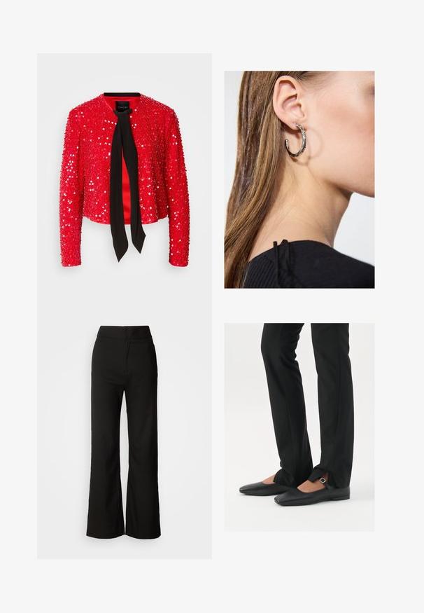 Giacca rossa con paillettes e una cravatta in tessuto nero al collo. Presenta maniche lunghe, un colletto rotondo e una superficie lucida e testurizzata.; Top nero senza maniche realizzato in un tessuto morbido e elasticizzato. Caratterizzato da un collo rotondo e spalline larghe, con una vestibilità aderente e una superficie liscia.; Pantaloni neri a gamba larga con texture liscia, vita alta e design semplice. Nessuna tasca visibile o decorazioni.; Ballerine in pelle nera con punta appuntita, cinturino con fibbia in argento, abbinate a pantaloni neri su misura con orlo a spacco.; Orecchino a cerchio in argento con finitura lucida, caratterizzato da piccoli dettagli in oro e una forma tondeggiante, indossato sul lobo.