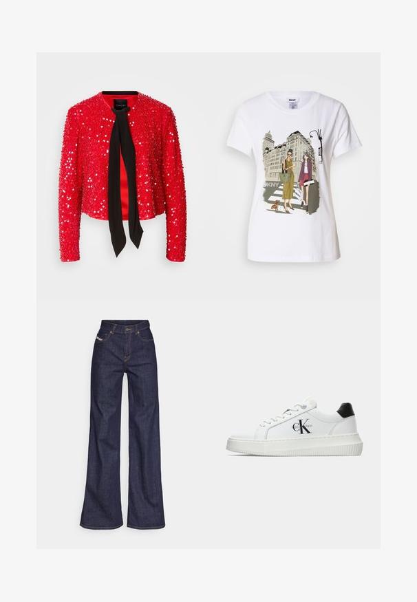 Veste à paillettes rouges avec un nœud en tissu noir au niveau du col. Elle possède des manches longues, un col rond et une surface brillante et texturée.; T-shirt en coton blanc avec une illustration imprimée de deux femmes en styles de mode urbaine, accompagnées d'un chien sur un passage piéton, avec des bâtiments de la ville en arrière-plan.; Jeans ample bleu foncé en denim avec taille haute, ornés de surpiqûres orange, d'un design à cinq poches et d'une fermeture à bouton.; Baskets basses blanches avec un tab de talon noir, semelle plateforme, lacets et logo "CK" de Calvin Klein sur le côté.