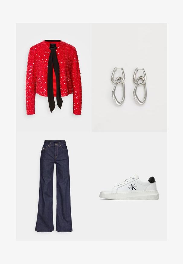 Giacca rossa con paillettes e una cravatta in tessuto nero al collo. Presenta maniche lunghe, un colletto rotondo e una superficie lucida e testurizzata.; T-shirt bianca in cotone con un'illustrazione stampata di due donne in stili di moda urbana con un cane su un attraversamento pedonale e edifici della città.; Jeans a gamba larga di denim blu scuro con vita alta, caratterizzati da cuciture arancioni, design a cinque tasche e chiusura con bottone.; Sneaker bassa bianca con tassello nero sul tallone, suola a piattaforma, lacci e logo "CK" di Calvin Klein sul lato.; Calvin Klein STATEMENT LINKS - Orecchini - silver-coloured