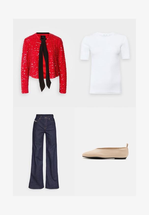 Rdeča bleščica jakna z črnim trakom iz blaga na vratu. Ima dolge rokave, okroglo ovratnik in sijočo, teksturirano površino.; Bela kratka majica s kratkimi rokavi iz bombaža. Ima okroglo izrez in gladko teksturo, z minimalno vidnim šivom na robu.; Temno modri široki kavbojke iz denima z visokim pasom, ki imajo oranžne šive, pet žepov in gumba za zapiranje.; Bež usnjeni baletni čevlji z nizkim profilom, okroglo konico in črnim gumijastim podplatom, ki imajo majhen zadnji zanka za lažjo obutev.