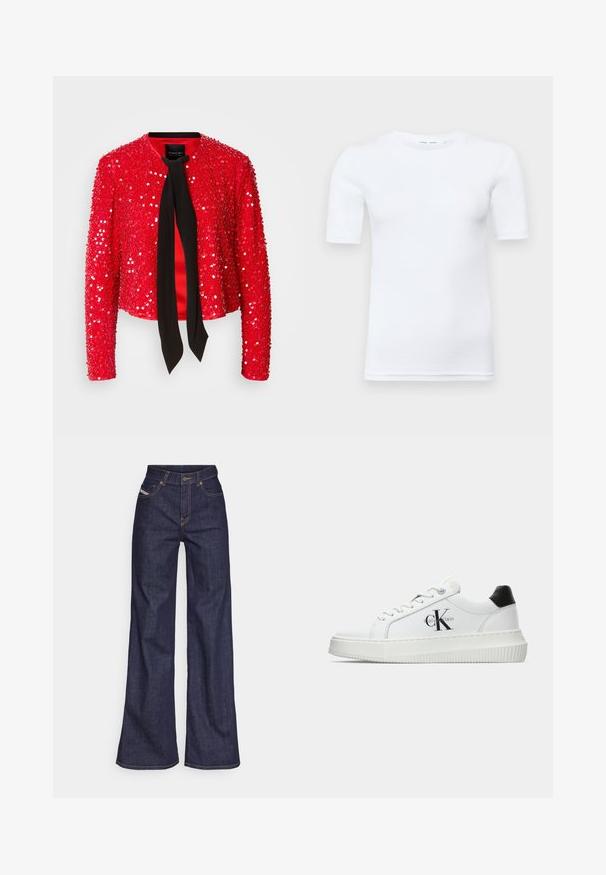 Red sequin jacket with a black fabric tie at the neckline. Features long sleeves, a round collar, and a shiny, textured surface.; White short-sleeve t-shirt made of cotton. Features a round neckline and a smooth texture, with minimal stitching visible at the hem.; Dark blue wide-leg jeans in denim fabric with a high waist, featuring orange stitching, five-pocket design, and a button closure.; White low-top sneaker with black heel tab, platform sole, laces, and Calvin Klein "CK" logo on the side.