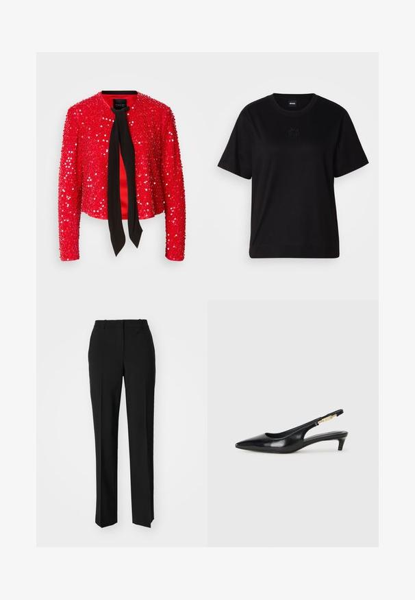 Rote Paillettenjacke mit einer schwarzen Stoffkrawatte am Kragen. Mit langen Ärmeln, runder Kragenform und einer glänzenden, strukturierten Oberfläche.; Schwarzes Baumwoll-T-Shirt mit Rundhalsausschnitt, kurzen Ärmeln und aufgesticktem Logo auf der Brust. Einfacher, lässiger Schnitt ohne Muster.; Schwarze, taillierte Hose mit geradem Bein, aus einem glatten Stoff und mit klaren Falten an der Vorderseite. Keine sichtbare Hardware.; Schwarze Leder-Slingback-Pumps mit spitzem Schuhblatt, ausgestattet mit einem schlanken Absatz und einem goldfarbigen Akzent am verstellbaren Riemen. Glatte Textur.