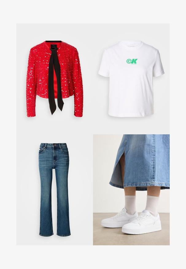 Red sequin jacket with a black fabric tie at the neckline. Features long sleeves, a round collar, and a shiny, textured surface.; White cotton t-shirt with a crew neck and short sleeves, featuring a green Calvin Klein logo on the front. Classic, straight-cut design.; High-waisted blue jeans made of denim, featuring a straight leg design, subtle fading, and a standard button and zipper closure.; White sneakers with textured leather, featuring a platform sole, round toe, and lacing system; paired with light gray crew socks and a denim skirt.