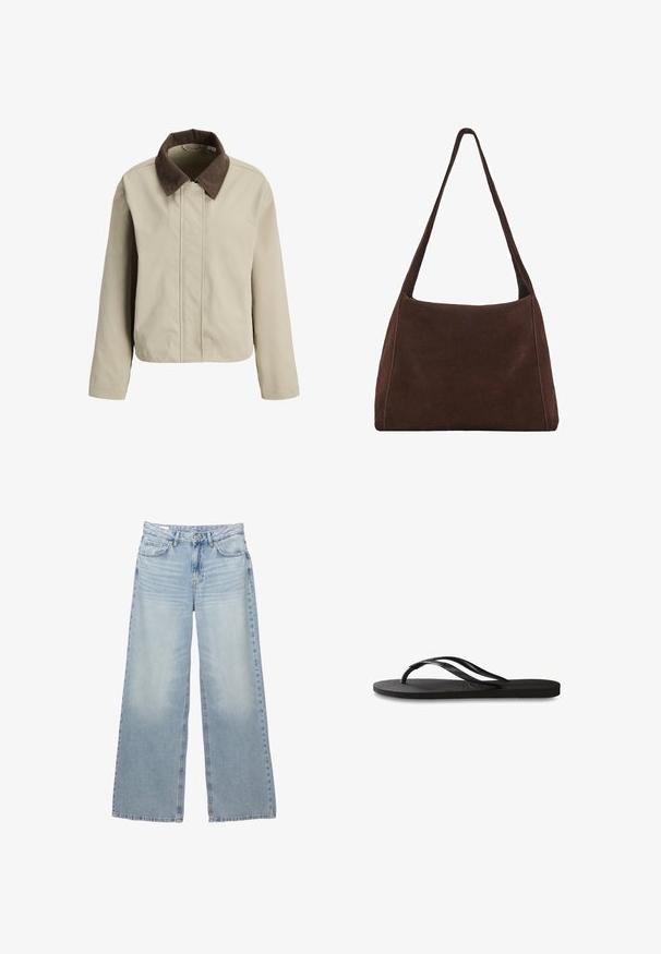 Bežová bunda s hnedým kordovým golierom, so zipsom vpredu a dlhými rukávmi. Hladká textura s uvoľneným strihom a minimálnym detailom.; Červený pletený sveter s okrúhlym výstrihom, rebrovanou textúrou a dlhými rukávmi. Má voľný strih a skrátený lem. Na vnútornej strane sú viditeľné štítky.; Svetlomodrá košeľa s dlhými rukávmi, s vertikálnymi bielymi a červenými pruhmi, a jedným vreckom na hrudi; vyrobená z textúrovanej látky.; Svetlomodré nohavice s širokými nohavicami vyrobené z denimu. Majú päť vreciek, pútka na opasok a zapínanie na gombík. S jemným opotrebovaním a osvetlením.; Čierne žabky s textúrovanou gumovou podrážkou, dvoma štíhlymi popruhmi a diskrétnym embosovaným logom na popruhu.; Hnedá semišová kabelka na rameno s uvoľneným tvarom, jedným širokým popruhom a jednoduchým dizajnom. Obsahuje viditeľné švy pozdĺž okrajov.
