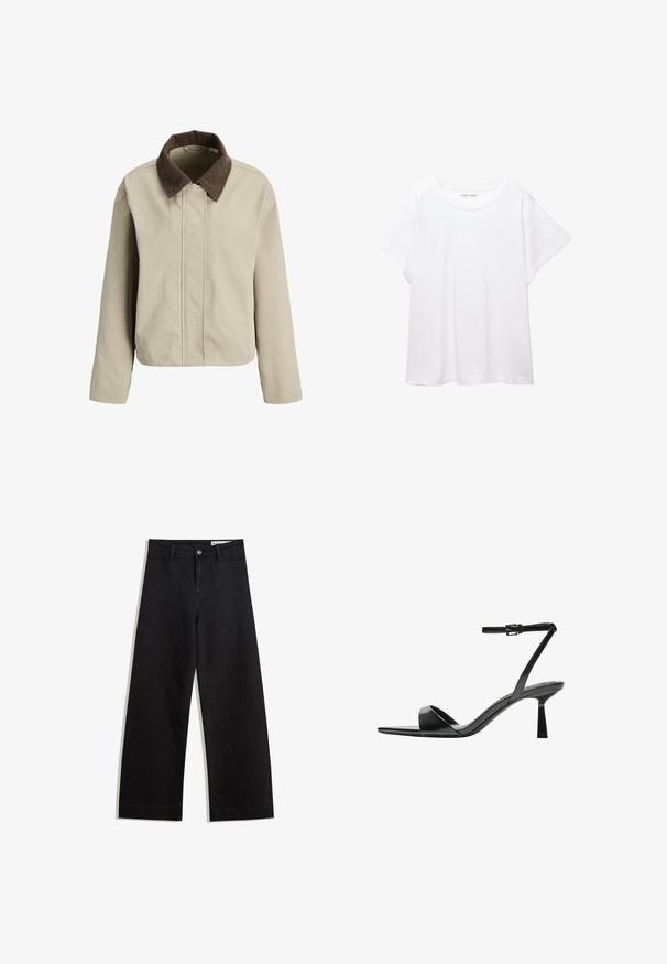 Beige jakke med en brun fløjlskrave, lynlås foran og lange ærmer. Glat tekstur med en afslappet pasform og minimal detaljering.; Hvid T-shirt lavet af blødt, let stof. Har en rund halsudskæring og korte, brede ærmer med en afslappet pasform. Ingen synlige mønstre.; Sorte wide-leg denim bukser med høj talje, der har front- og baglommer, syede sømme og en knaplukning. Glat tekstur.; Bershka Højhælede sandaletter / Højhælede sandaler - black