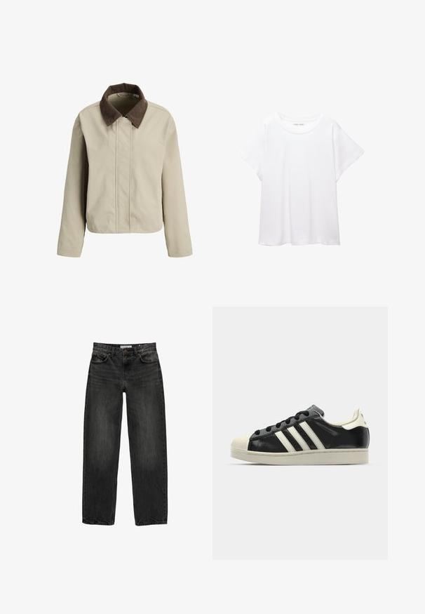 Bežna jakna z rjavim kordura ovratnikom, zadrgo spredaj in dolgimi rokavi. Gladka tekstura z sproščenim prileganjem in minimalnimi detajli.; Bela majica s kratkimi rukavi, izdelana iz mehkega in lahkega blaga. Ima okroglo ovratnico ter kratke, široke rokave z udobnim krojem. Brez vidnih vzorcev.; Črne jeans hlače s sproščenim krojem, ravnimi nogavicami, petimi žepi in rahlo zbledelim videzom. Zapenjanje na gumb in zadrgo spredaj.; Črne usnjene superge z belimi črtami, gumijastim pokrovom za prste, črnimi vezalkami in kremasto obrobo podplata. Gladka tekstura z sijočim zaključkom.